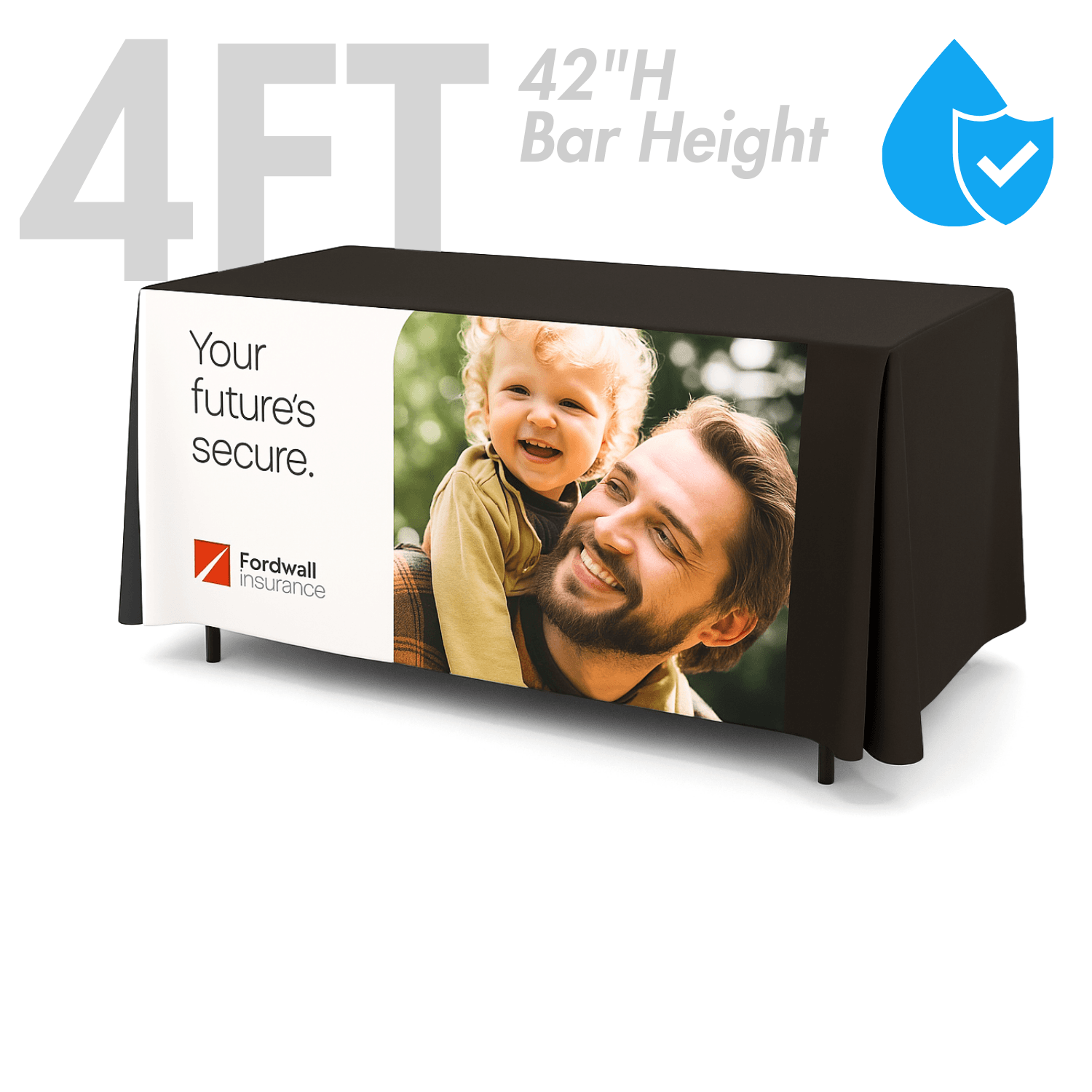 4' Liquid Repellent Fitted Table Cover, Front Panel Print, 42"H