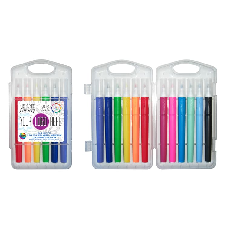 12 Pack of Hand Lettering Brush Markers in Hard Plastic Case - Full Color Decal