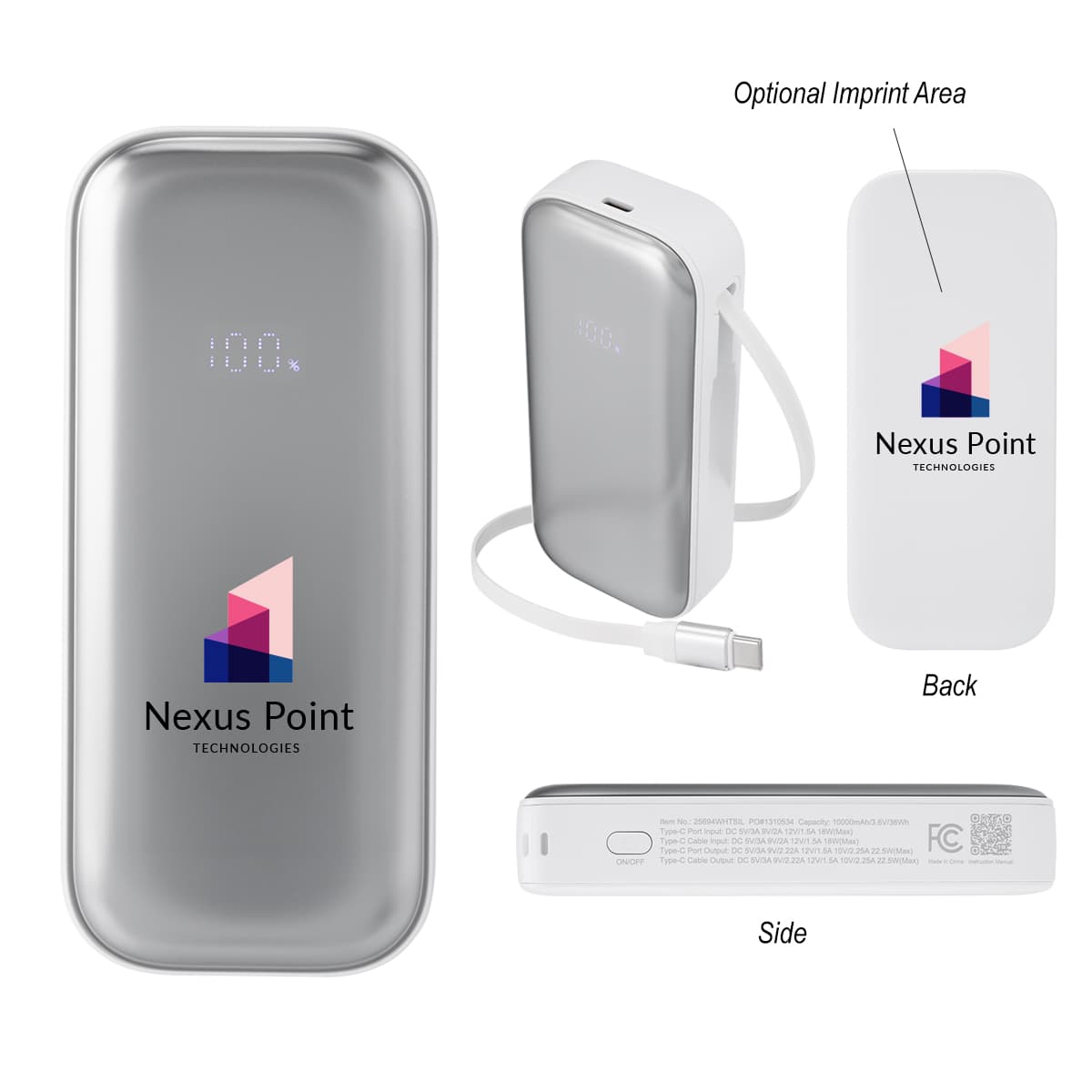 10,000 mAh Power Bank with Retractable Type-C Cable