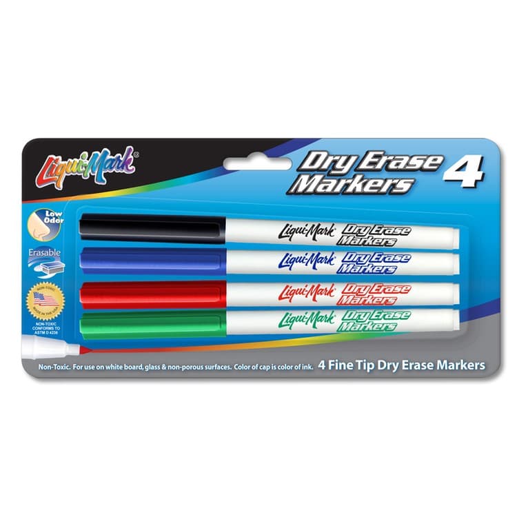 4 Pack Dry Erase, Low Odor, FineTip Markers - Assorted - Made in the USA