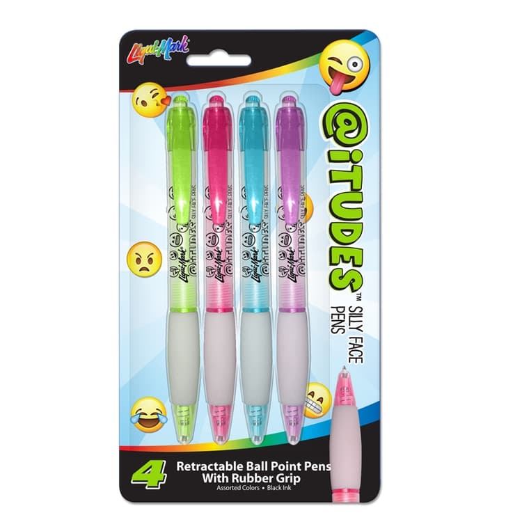 @iTUDES™ 4pk Emoji Silly Face Retractable Ball Point Pens With Rubber Grip