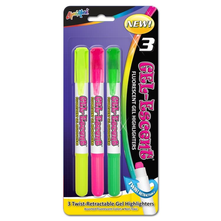3 Pack Fluorescent Gel Highlighters, Broad Tip - Assorted Colors