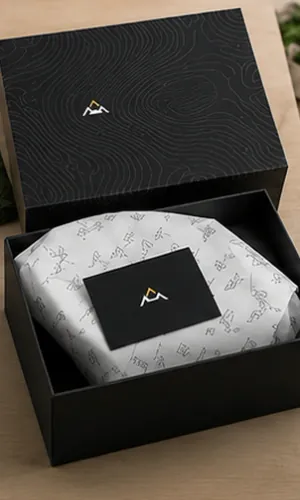 Custom presentation box with branded tissue and insert card
